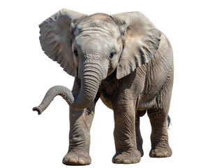 Obraz premium A majestic young elephant stands facing forward against a white background. Its trunk is curled, and its large ears are spread