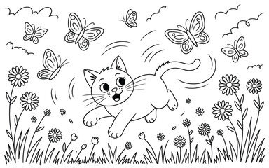 Fototapeta premium A playful cat chasing butterflies in a field of flowers, a whimsical vector illustration for kids