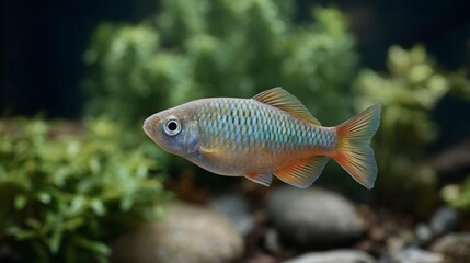 Fototapeta premium A vibrant iridescent fish with blue and orange scales swims gracefully in a lush planted aquarium