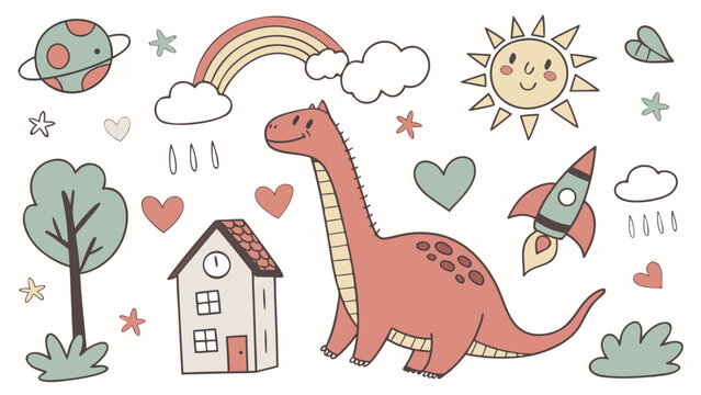 Cute hand drawn doodles of a dinosaur house rocket sun and rainbow in pastel colors
