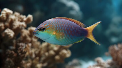Fototapeta premium A vibrant iridescent tropical fish with blue orange and purple scales swims gracefully near coral