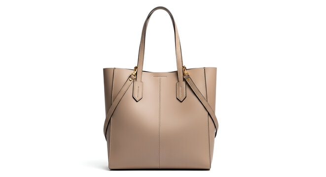 Elegant taupe leather tote bag featuring sturdy double top handles and adjustable detachable shoulder strap isolated on a clean white background