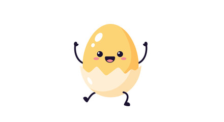 Obraz premium Cute and cheerful vector illustration of a kawaii style cracked egg character, happily celebrating with arms raised, symbolizing new beginnings, growth, and joy in a playful cartoon design