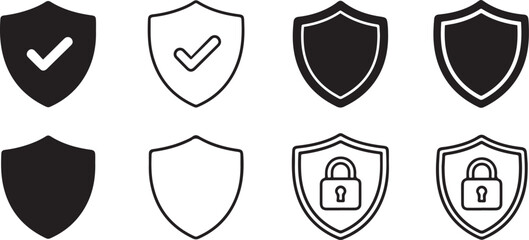 Collection of eight black and white shield with security symbols protection lock padlock