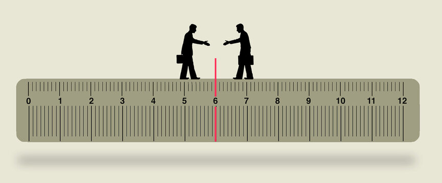 Two businessmen meet halfway in a compromise agreement in this illustration.