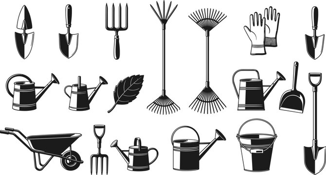 Set of black silhouettes and icons of gardening tools including shovels rakes watering cans wheelbarrow and gloves for landscaping and garden maintenance