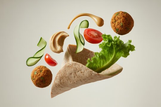 Falafel wrap ingredients floating, healthy deconstructed food