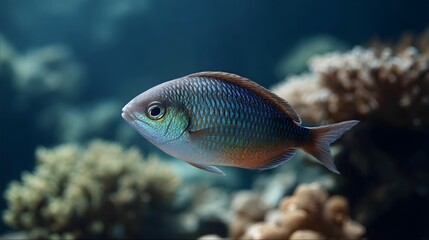 A vibrantly colored fish with iridescent scales swims gracefully amidst coral reefs in a clear blue ocean