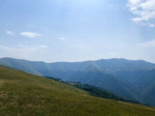 Fototapeta premium Wide open grassy slopes and deep forested valleys beneath soft blue skies in the scenic Ukrainian Carpathian Mountains.
