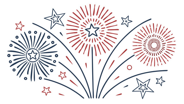 Hand drawn red and blue fireworks burst with stars on a white background for celebration