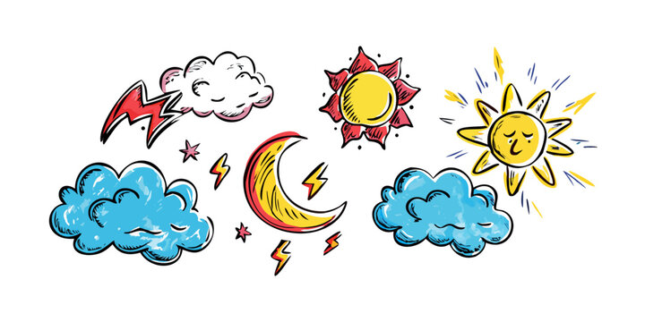 A vibrant illustration of various weather elements in a playful style Vector