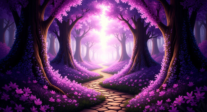 Enchanted forest path with glowing purple trees and magical flowers