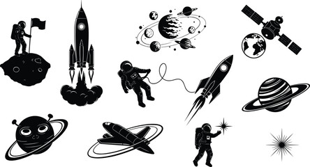 Space exploration silhouette icon set, astronaut, rocket launch, satellite orbit, solar system, planet rings, space shuttle, starburst, cosmic science, vector illustration, black pictogram © MSTMISLA