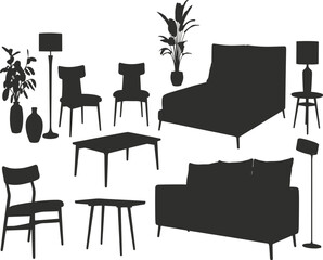 Fototapeta premium Black Silhouettes of Furniture and Decor on White Background
