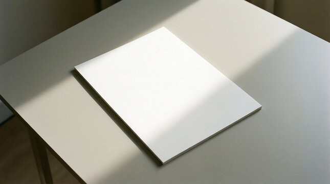 Blank White Paper Sheet on Light Wood Table Natural Light Mockup Top Angle
