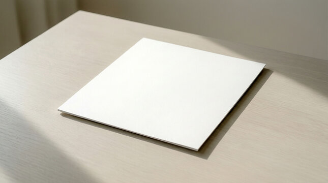 Blank White Paper Sheet on Light Wood Table Natural Light Mockup Top Angle

