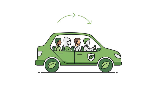 Vector illustration of a green car with four diverse people inside driving, isolated on transparent background
