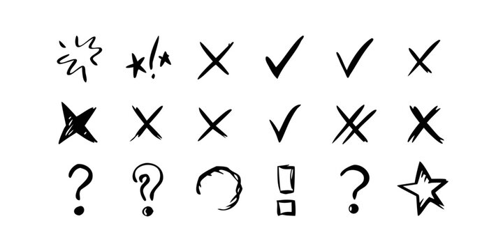 A collection of various symbols and icons including checkmarks, crosses, and question marks Vector