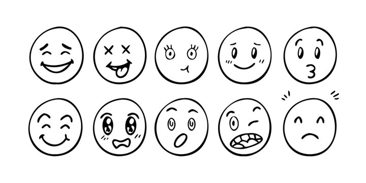 A diverse collection of nine distinct emoji faces expressing various emotions Vector