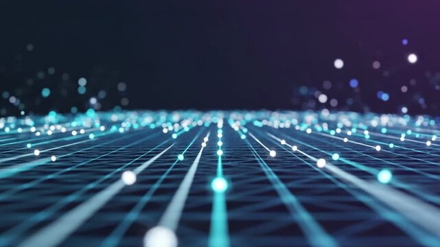 Connected digital nodes forming a glowing network structure for representing big data analytics in a modern technology backdrop.