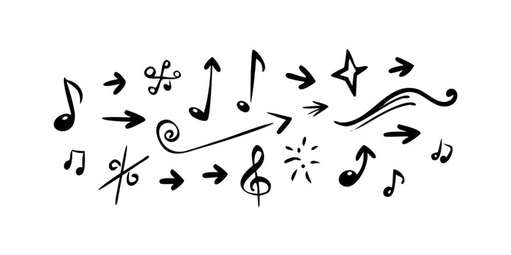 A collection of musical notes and symbols in a whimsical and artistic design. Vector