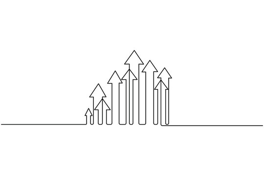 business growth bar chart and arrow icon continuous one line art style vector