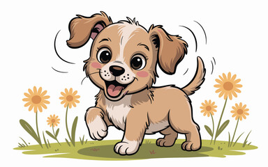 Obraz premium A playful cartoon puppy running in a field of flowers with a joyful expression