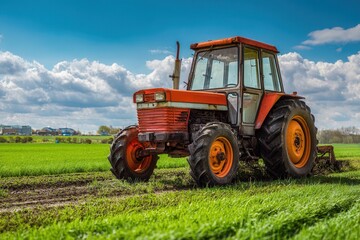 Naklejka premium Tractor working in a green field under a clear blue sky during the day with clouds in the background
