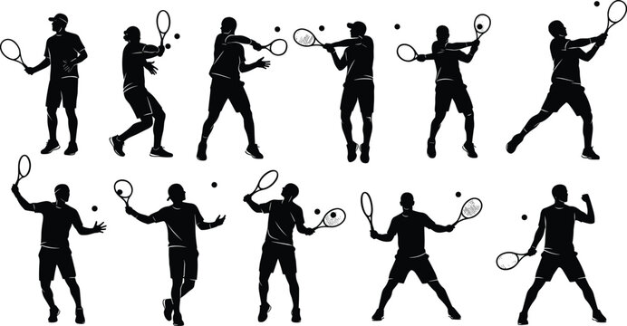 Tennis player silhouette icon set, racket swing, forehand shot, backhand motion, serve technique, ball strike, athletic sport, competition, training, vector illustration, black pictogram