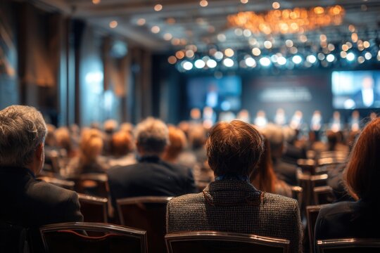 Conference event taking place in a large hall with many attendees seated and speakers visible on stage