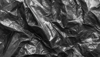Texture of crumpled black plastic material on a surface during daylight