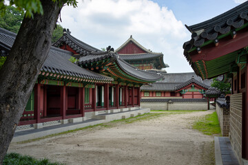 Traditional Korean architecture of Changdeokgung Palace with decorative painted roofs in Seoul