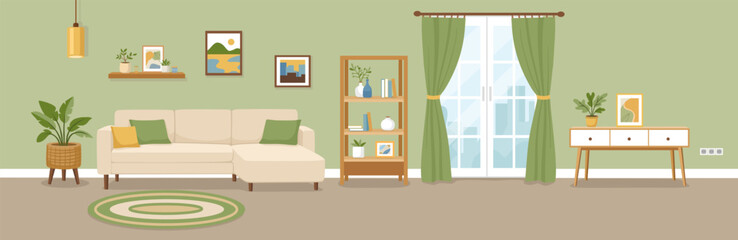 Modern flat vector living room interior with sofa, shelves, plants, curtains and decor. Cozy home scene in natural green tones, Scandinavian style illustration. © OlenaHalahan