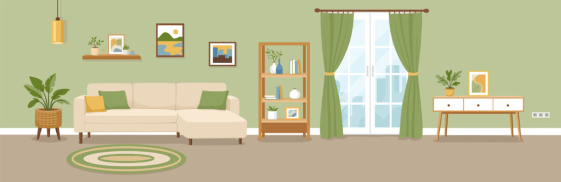 Modern flat vector living room interior with sofa, shelves, plants, curtains and decor. Cozy home scene in natural green tones, Scandinavian style illustration.
