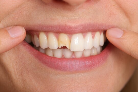 Close-up view of a person pointing to a chipped tooth while smiling in an indoor setting during daylight hours