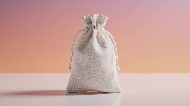 A simple beige drawstring pouch sits on a reflective surface with a pastel gradient background.