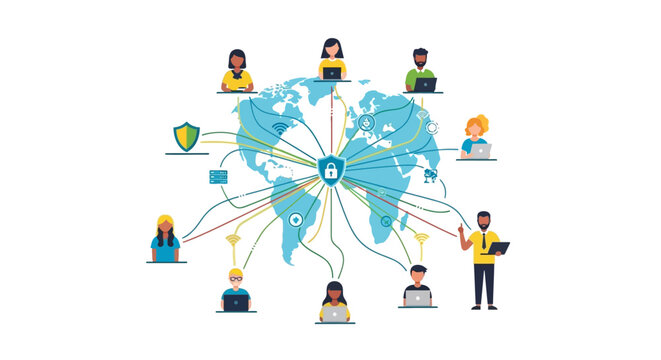 Vector illustration of people icons connected around a blue world map with cybersecurity symbols on Safer Internet Day for online safety awareness and business network security.