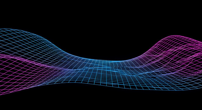 Vibrant blue and magenta glowing wireframe waves on a black background, illustrating intricate network connections and the digital frontier of technological innovation