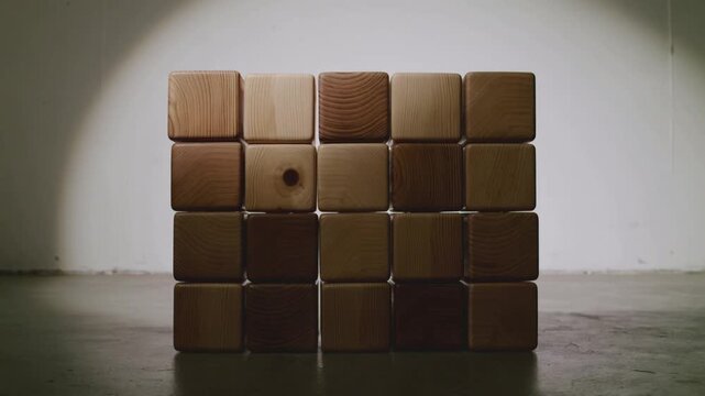 A grid of wooden blocks with one block having a small dark dot.