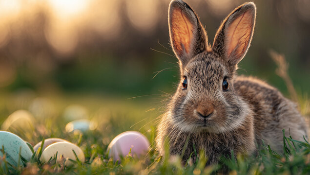 Niedlicher Osterhase mit bunten Ostereiern auf Fr&uuml;hlingswiese &ndash; s&uuml;&szlig;es Kaninchen im warmen Sonnenlicht, Natur, Fr&uuml;hling und Osterstimmung