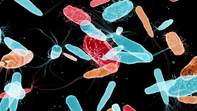 Microscopic Bacteria float and move, medical concept, Germs, micro-organisms, 3d render Bacterium Animation Closeup