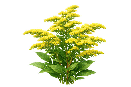 Goldenrod plant featuring vibrant yellow blossoms and lush green leaves. Wildflower for natural and seasonal designs