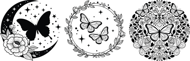 Mystical butterfly celestial moon set, floral butterfly wreath icons, butterfly mandala design, magic starry night elements, black white vector illustration, cad drawing flat vector illustration © MDMOHOBBAT