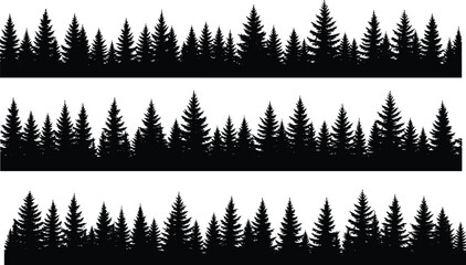 Pine forest silhouette border set, evergreen tree line landscape, coniferous woods panorama, nature outdoor park scene, black flat vector illustration, cad drawing flat vector illustration © MDMOHOBBAT