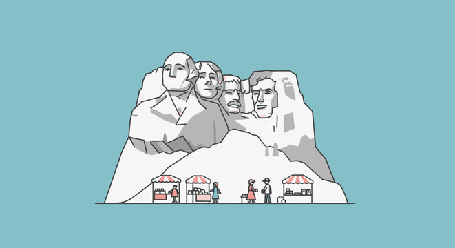 Mount Rushmore National Memorial with souvenir stands and visitors, illustrating a popular tourist destination and historical monument in South Dakota, USA