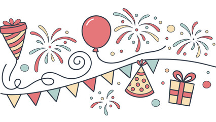 Obraz premium Hand drawn festive celebration border with party hats balloon fireworks bunting and gift box.