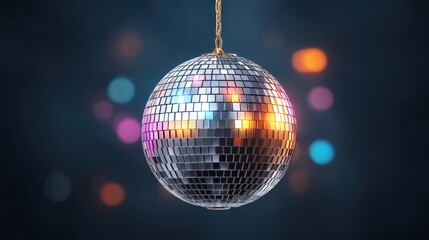 Fototapeta premium Sparkling Silver Disco Ball Hanging in a Dark Space with Colorful Bokeh Highlights
