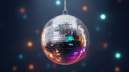 Obraz premium Silver Disco Ball Hanging Against a Colorful Background with Soft Bokeh Lights for Party Atmosphere