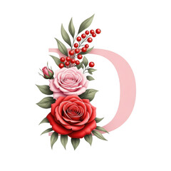 Fototapeta premium Floral arrangement with red and pink roses green leaves and red berries on white background transparent background