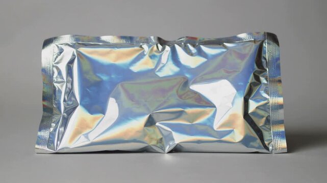 A shiny, crinkled silver foil package with iridescent reflections on a gray background.